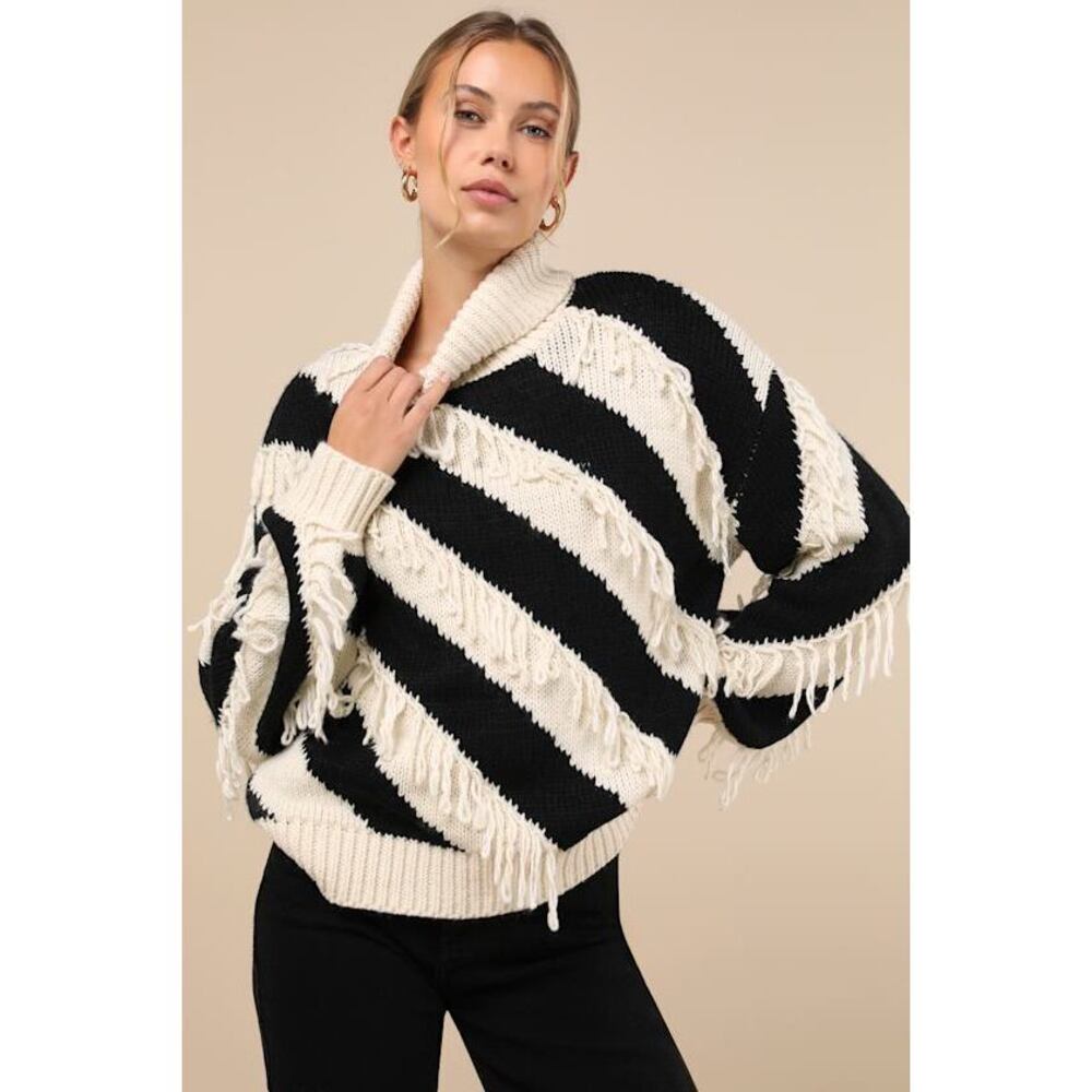 Lulus Comfy Concept Ivory And Black Striped Fringe Sweater White - Size M